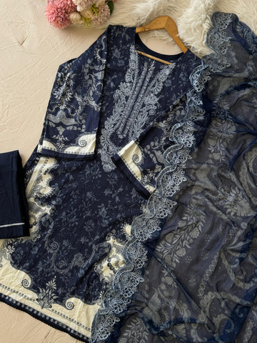 Navy Blue Printed Unstitched Suit 3975