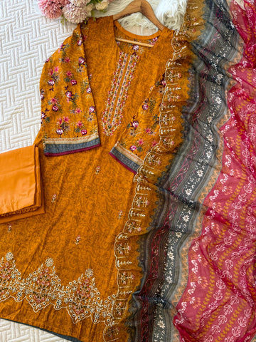 Pure cotton suit with embroidered top and dupatta-Orange