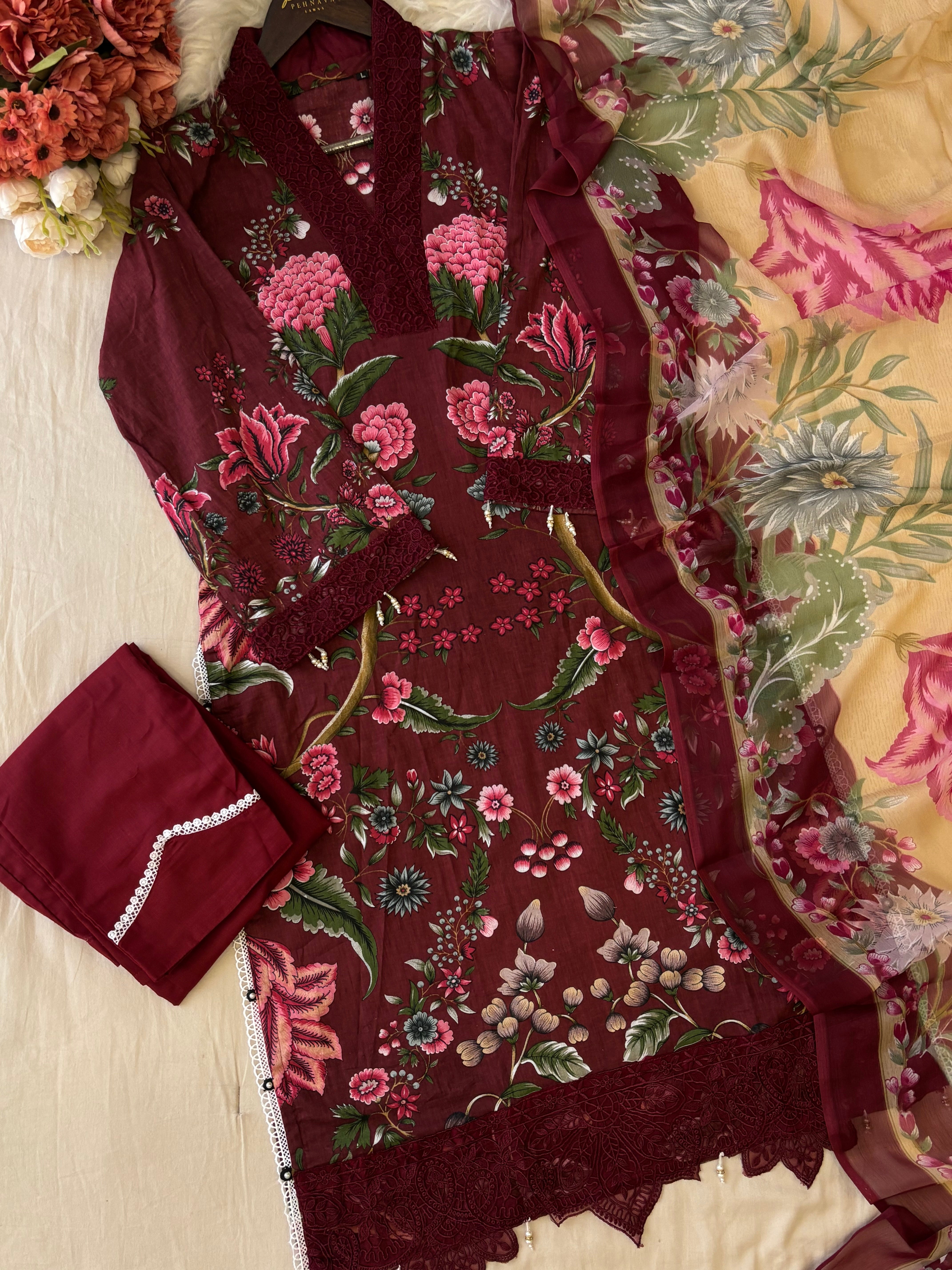 Floral Printed Ethnic Pak-Suit Ft. Chiffon/Cotton Dupatta-002
