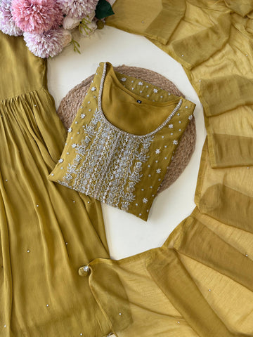 Yellow Pure Chinnon  handworked  Sharara