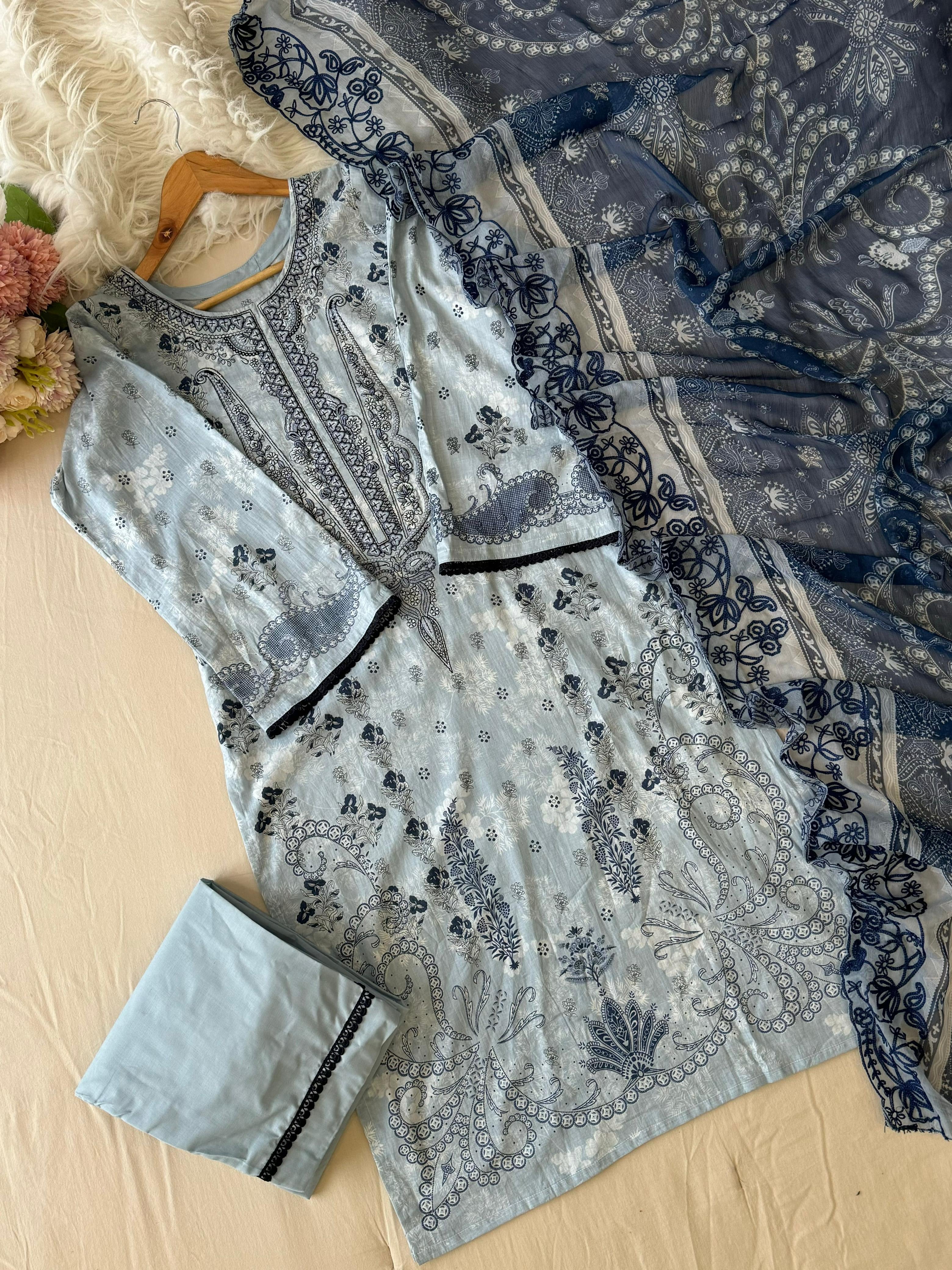Blue Printed Unstitched suit 3977