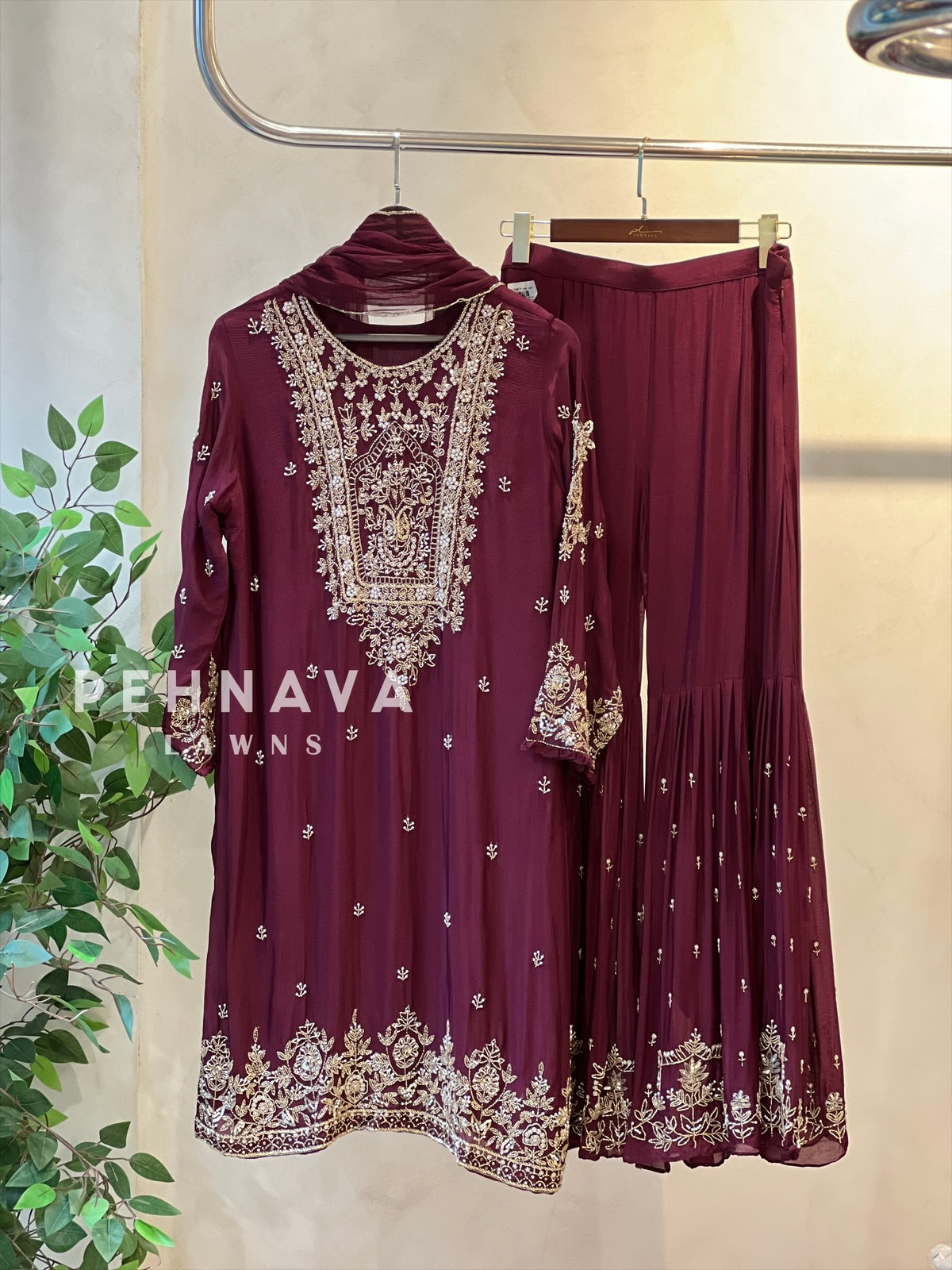 Heavily Handworked Sharara with Pure Chiffon Dupata - Pehnava Lawns