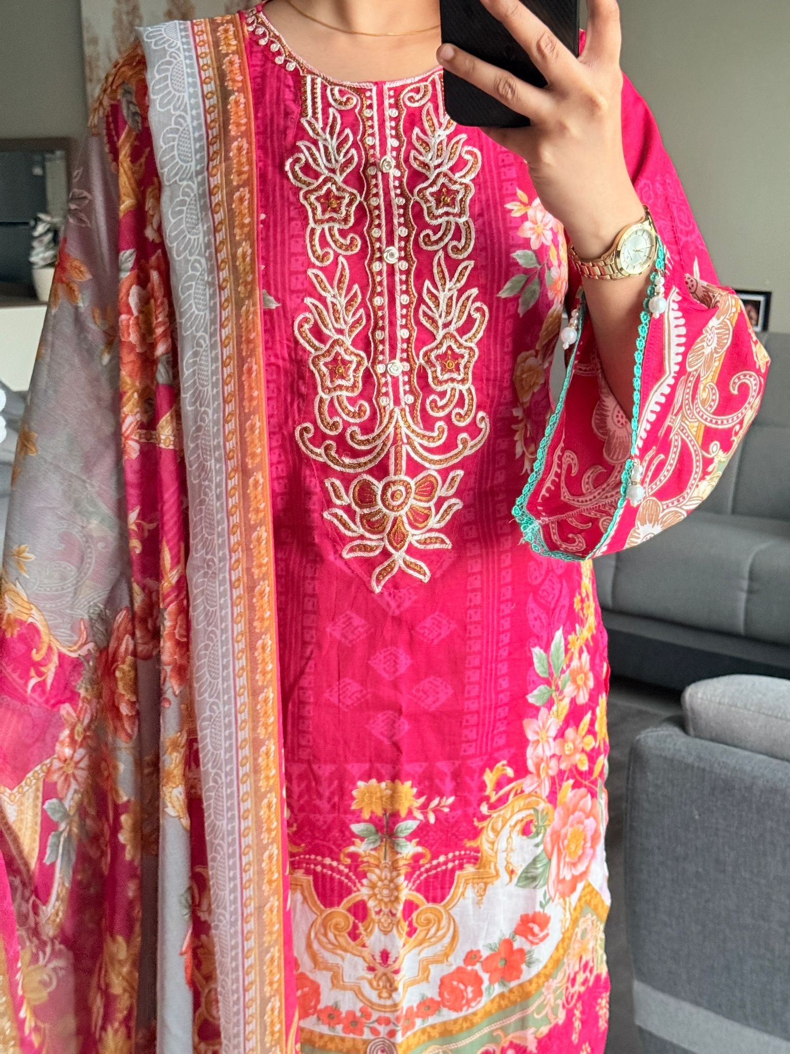 Floral printed with embroidery detailed suit - Pehnava Lawns