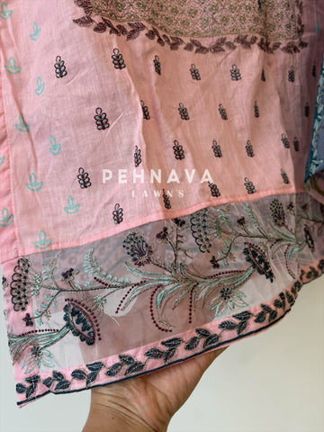 Embroidered cotton suit with chiffon dupatta -blue/pink 3374