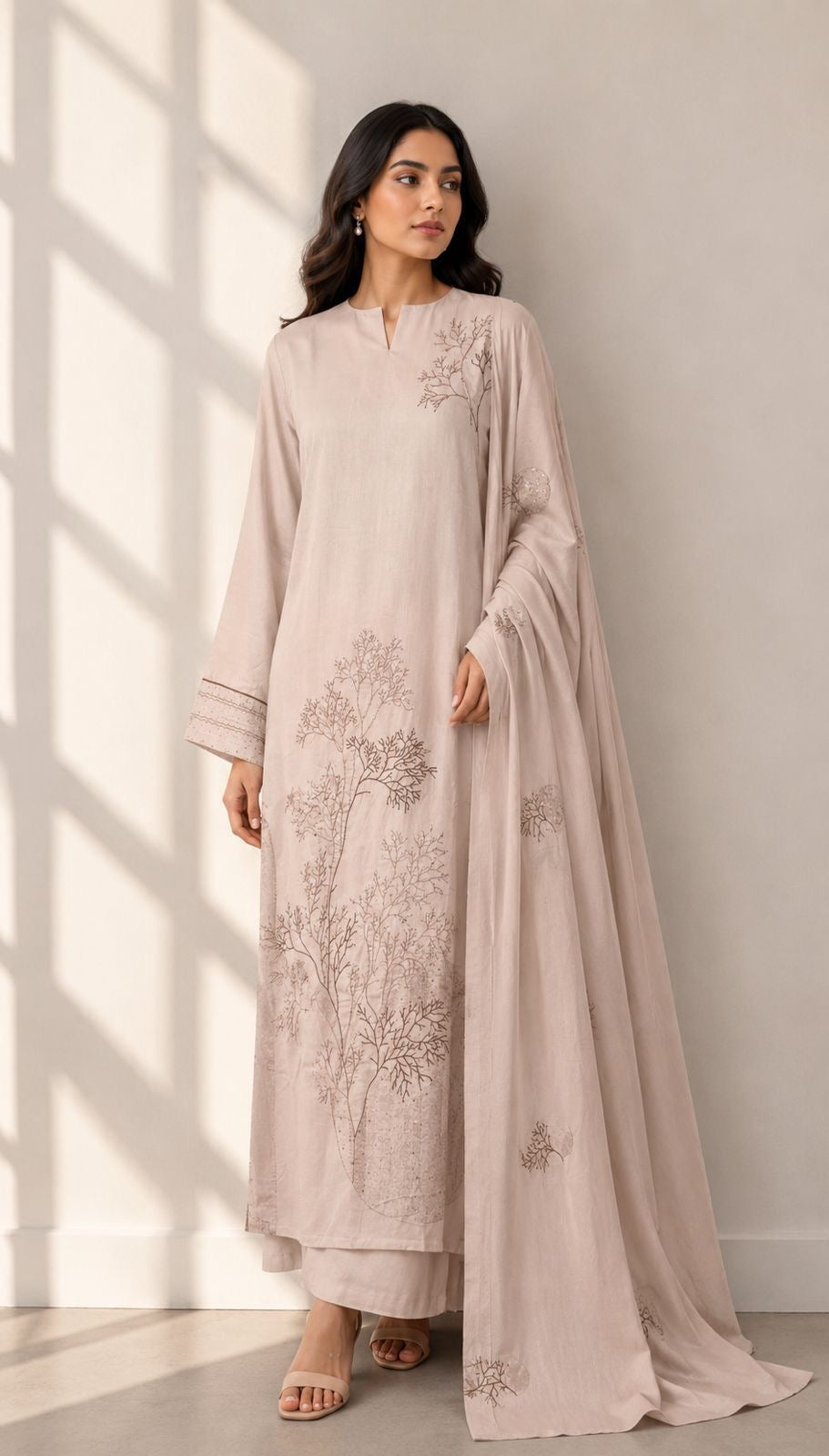Detailed Embroidered Cotton Three Piece Suit 8116