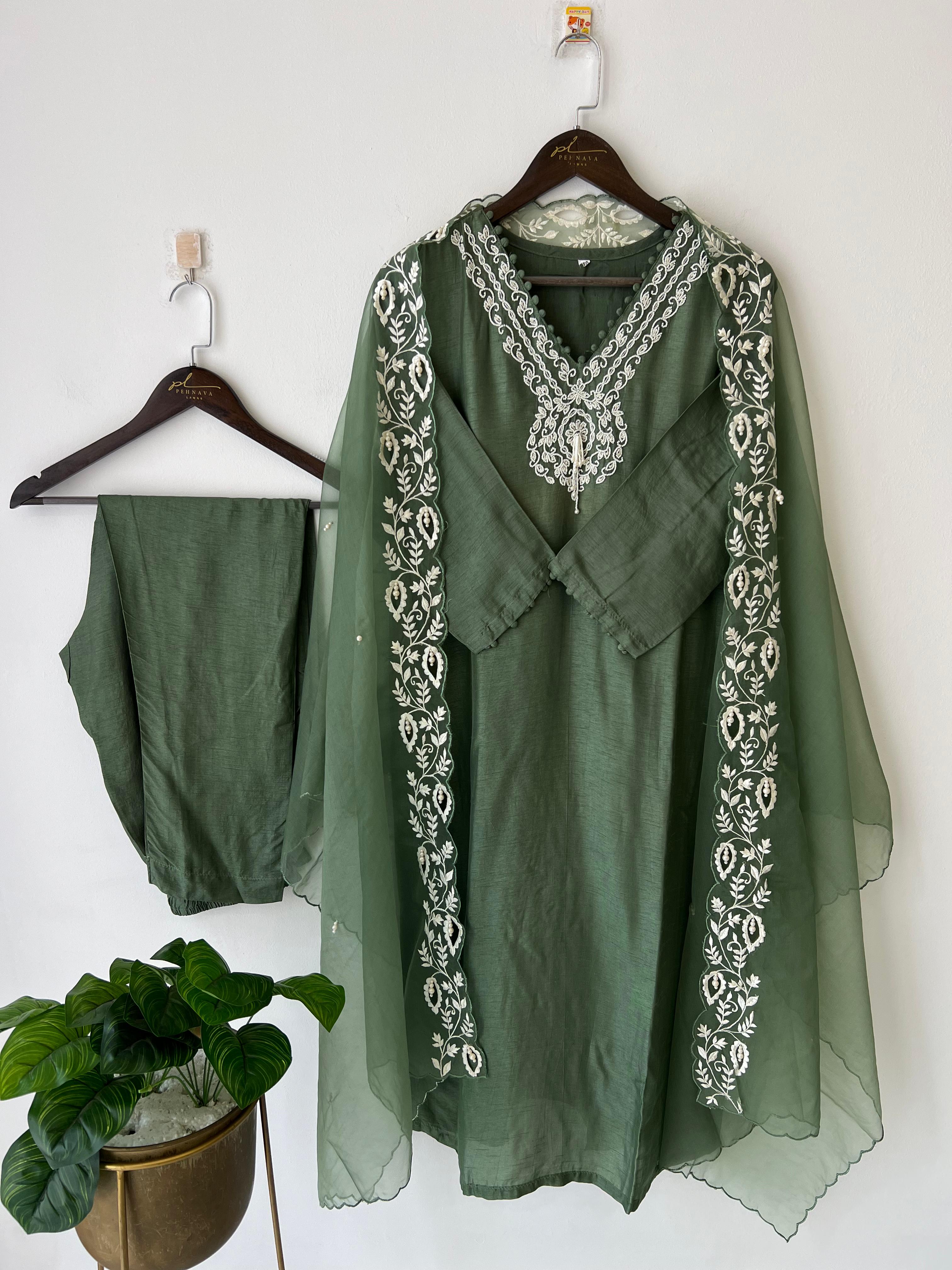 Dola silk ready to wear suit with neck detailing-color options available - Pehnava Lawns
