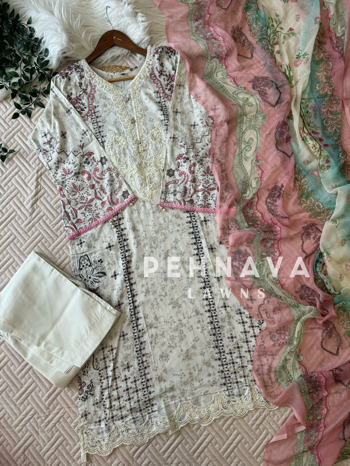 White Suit featuring Embroidery Patches-1296