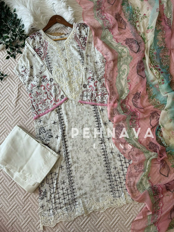 White Suit featuring Embroidery Patches-1296
