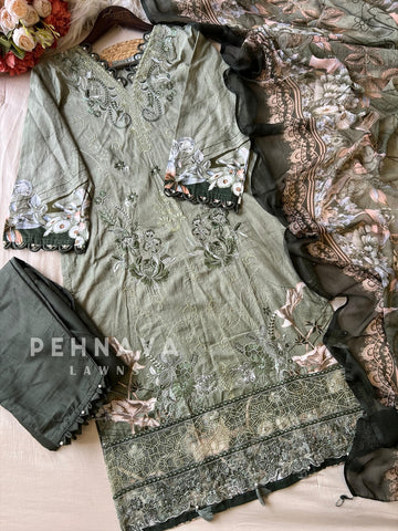 Floral Embroidered Cotton Suit Green-4109