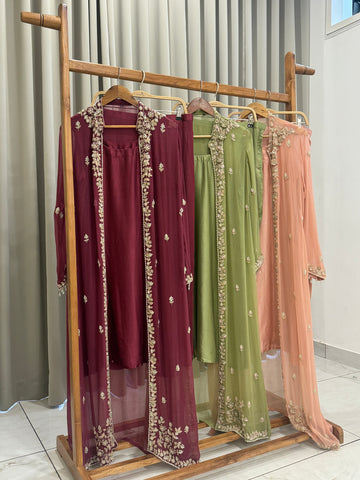Premium Chiffon handworked jacket style with scalloped organza dupatta
