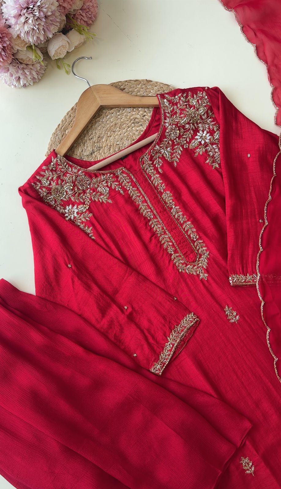 Red Handworked suit with Neckline Detailings-0484