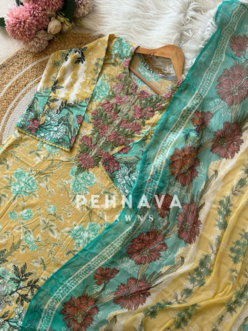 Pakistani printed cotton suit with embroidered patches -9087