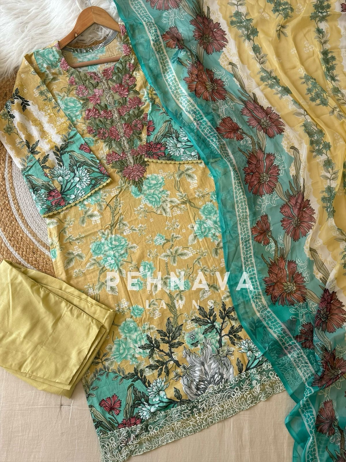 Pakistani printed cotton suit with embroidered patches -9087