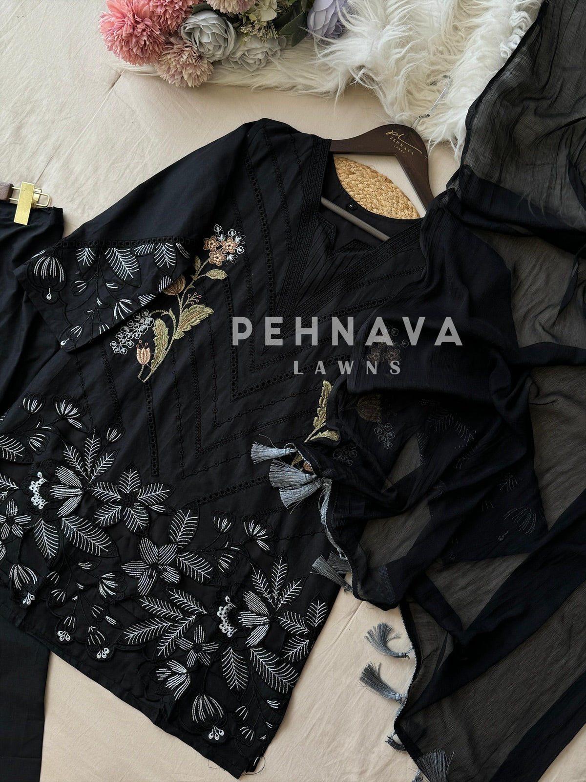 Glamorous pink&Black ensemble with cutwork embroidery - Pehnava Lawns