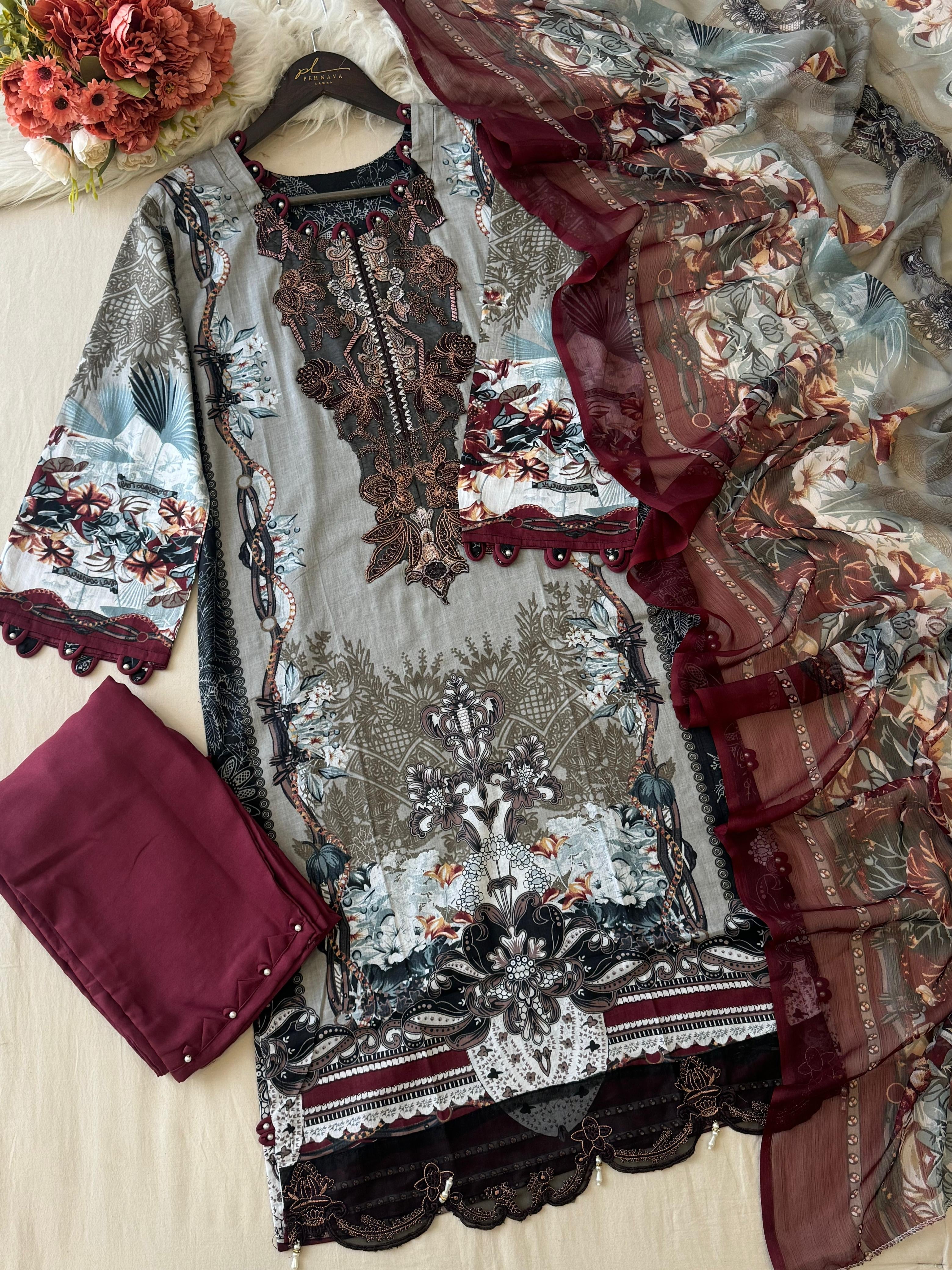 Earthy Grey & Maroon Heritage Print Suit - Pehnava Lawns