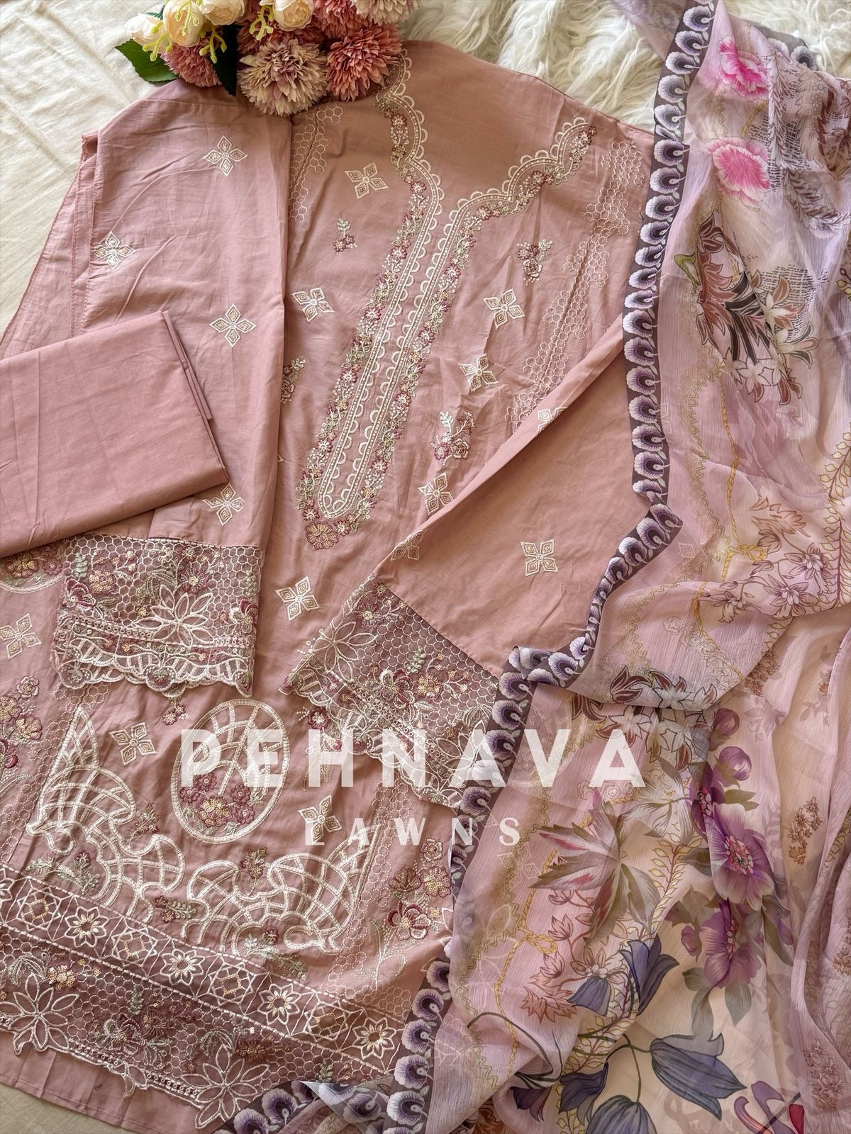 Cotton Embroidered Suit Featuring Chiffon/Cotton Shawl-1005