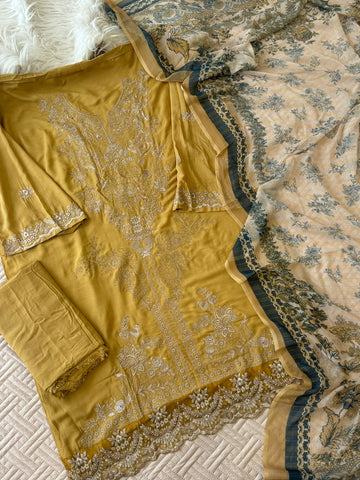 Rayon Embroidered Suit-Yellow 3639