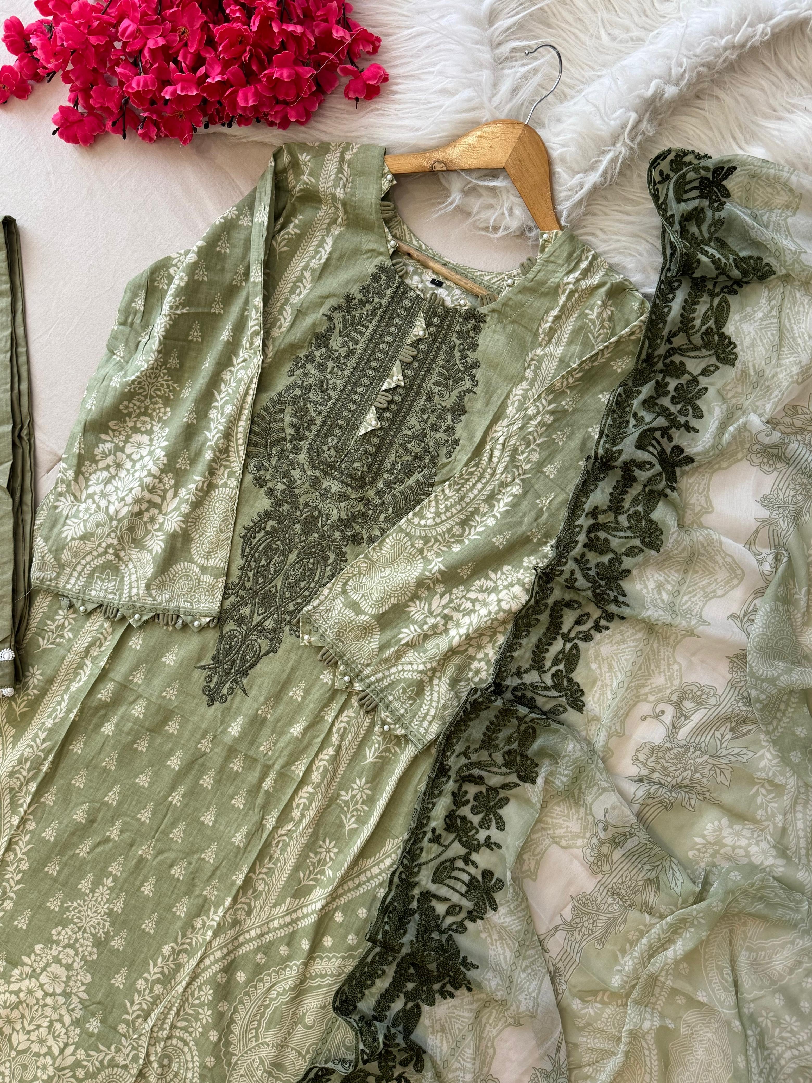 Green Block Printed Pakistani Suit