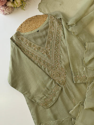 Premium Embroidered Pista Green Kurti Set