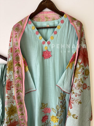 Floral Embroidered with Appliqué Chanderi Suit - Pehnava Lawns