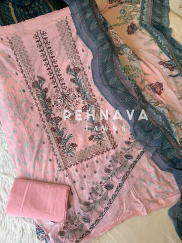 Embroidered cotton suit with chiffon dupatta -blue/pink 3374