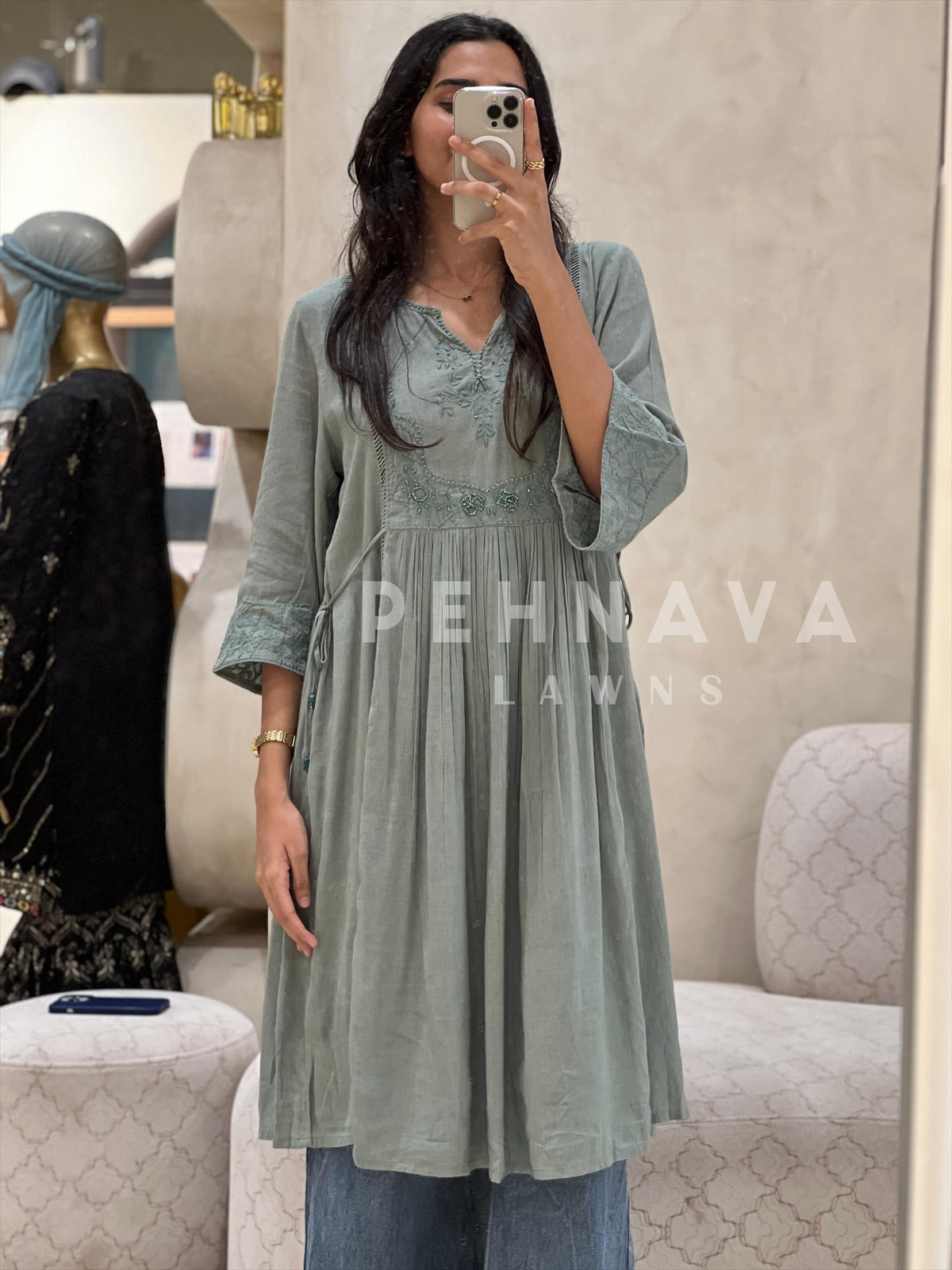 Embroidered Cotton Linen Dress - Pehnava Lawns