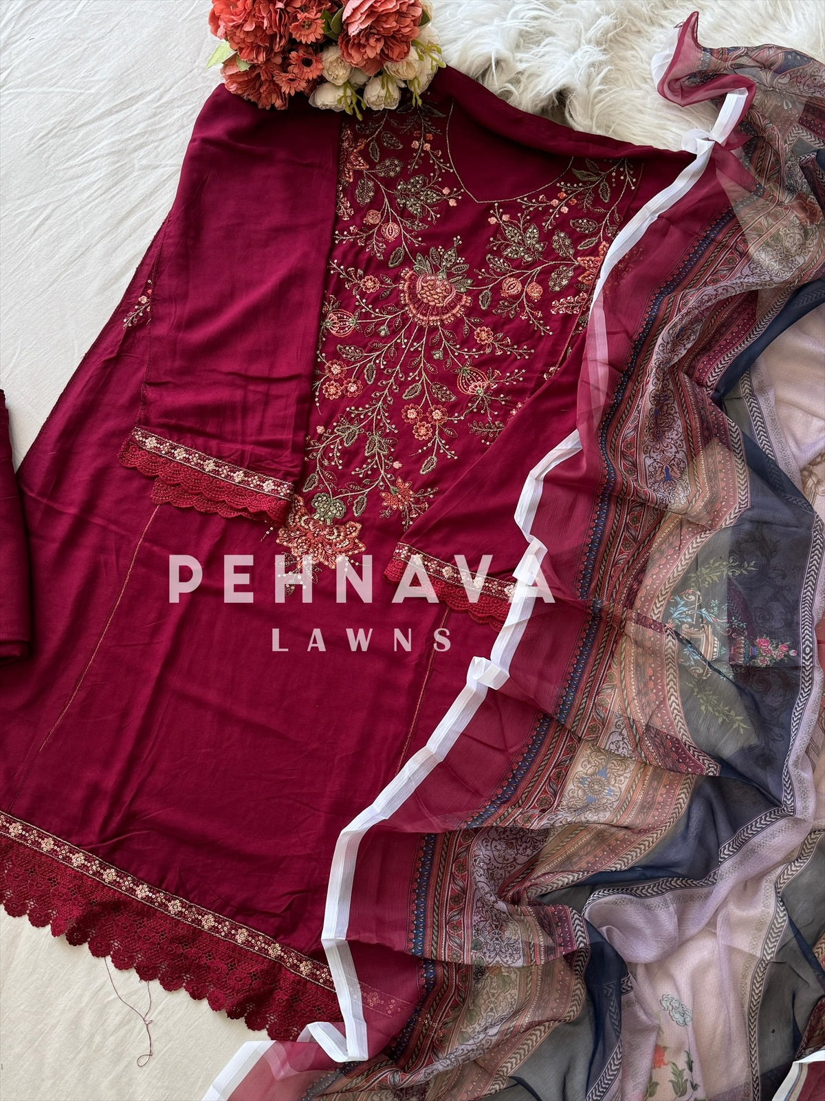 Floral Embroidered Rayon Suit