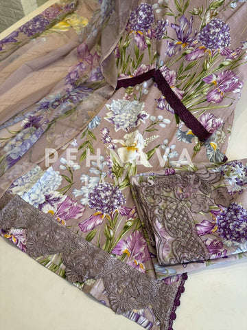 Floral Print Lawn Suit with Printed Dupatta-Chiffon/Cotton