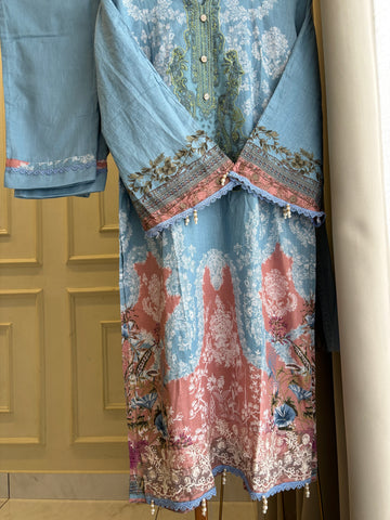 Sky Blue Embellished Floral Suit