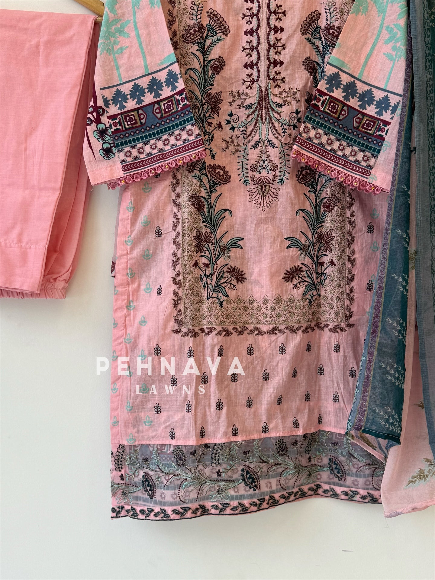 Embroidered cotton suit with chiffon dupatta -blue/pink 3374