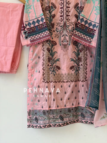 Embroidered cotton suit with chiffon dupatta -blue/pink 3374