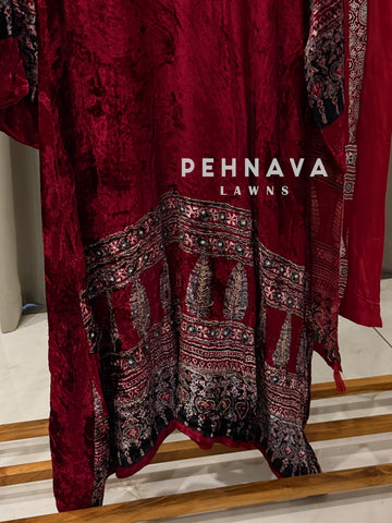 Velvet Ajrak Printed Three Piece Ensemble-1314