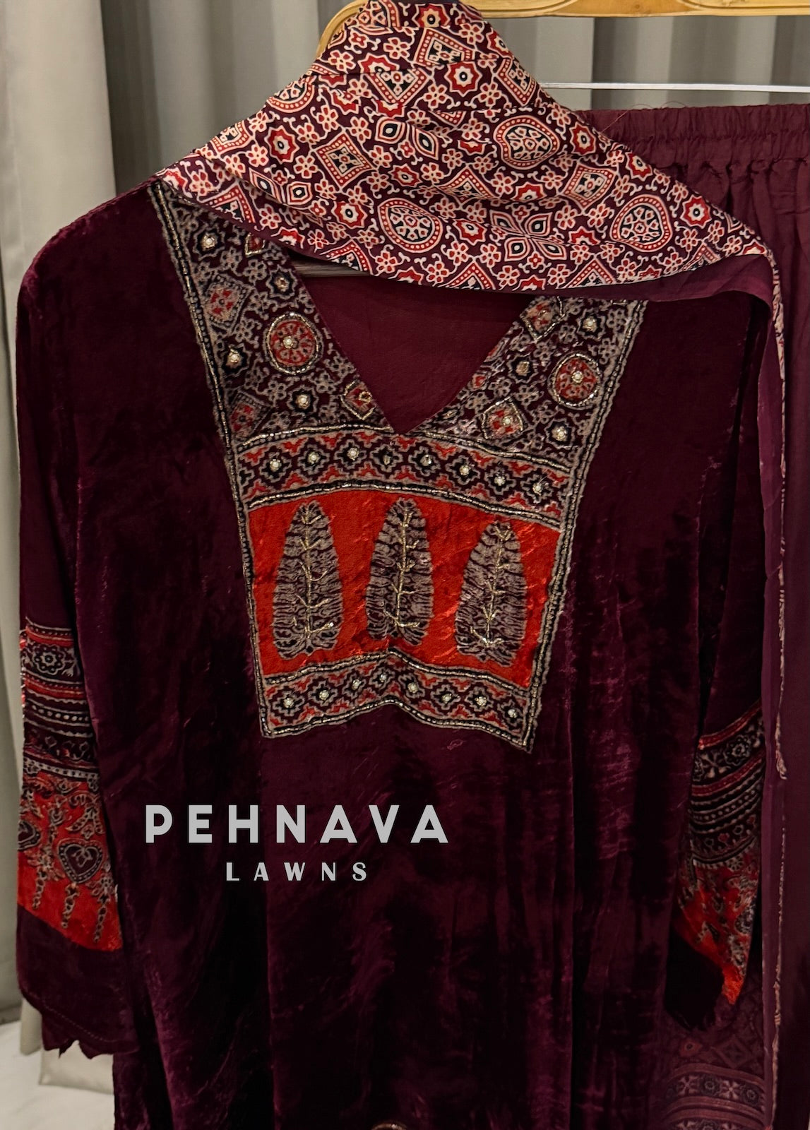 Velvet Ajrak Printed Three Piece Ensemble-1314