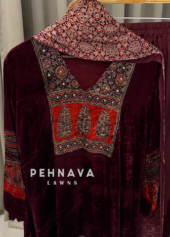 Velvet Ajrak Printed Three Piece Ensemble-1314