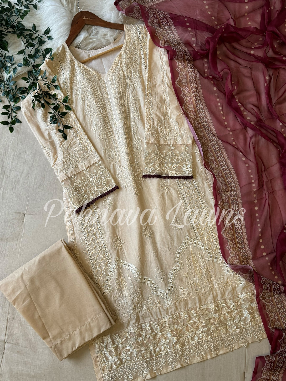 Offwhite embroidered  suit with chiffon/cotton dupatta -1008