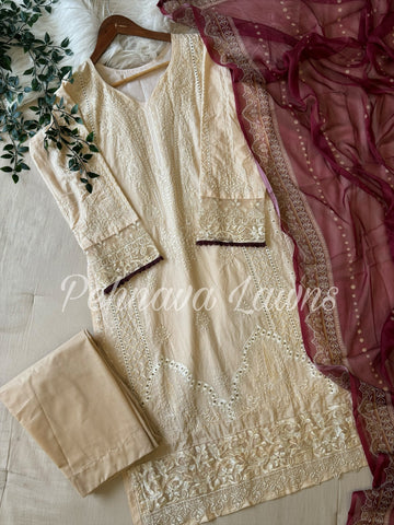 Offwhite embroidered  suit with chiffon/cotton dupatta -1008