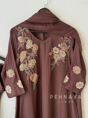 Brown Chanderi Kurtha Suit Set-3181