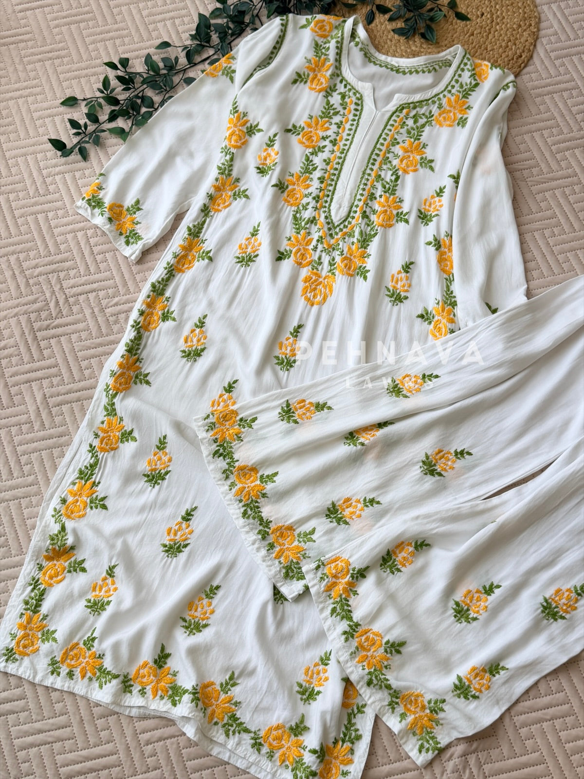 White & Yellow Chikankari Rayon Kurta Set