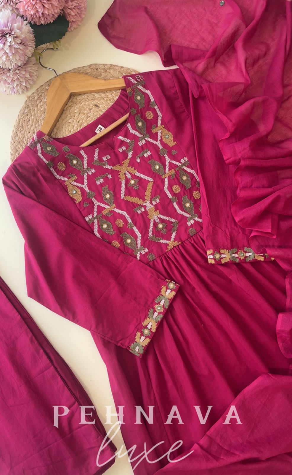 Cotton pleated Anarkali suit with Embroidery detailings