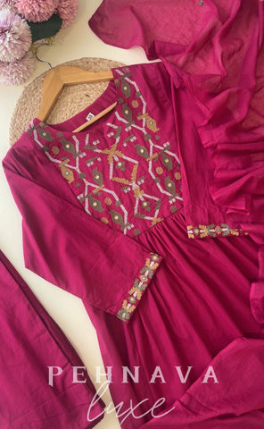 Cotton pleated Anarkali suit with Embroidery detailings