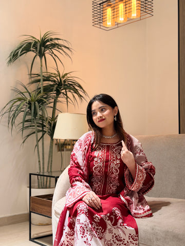 Red Neckline Embroidered Paksuit-1356A