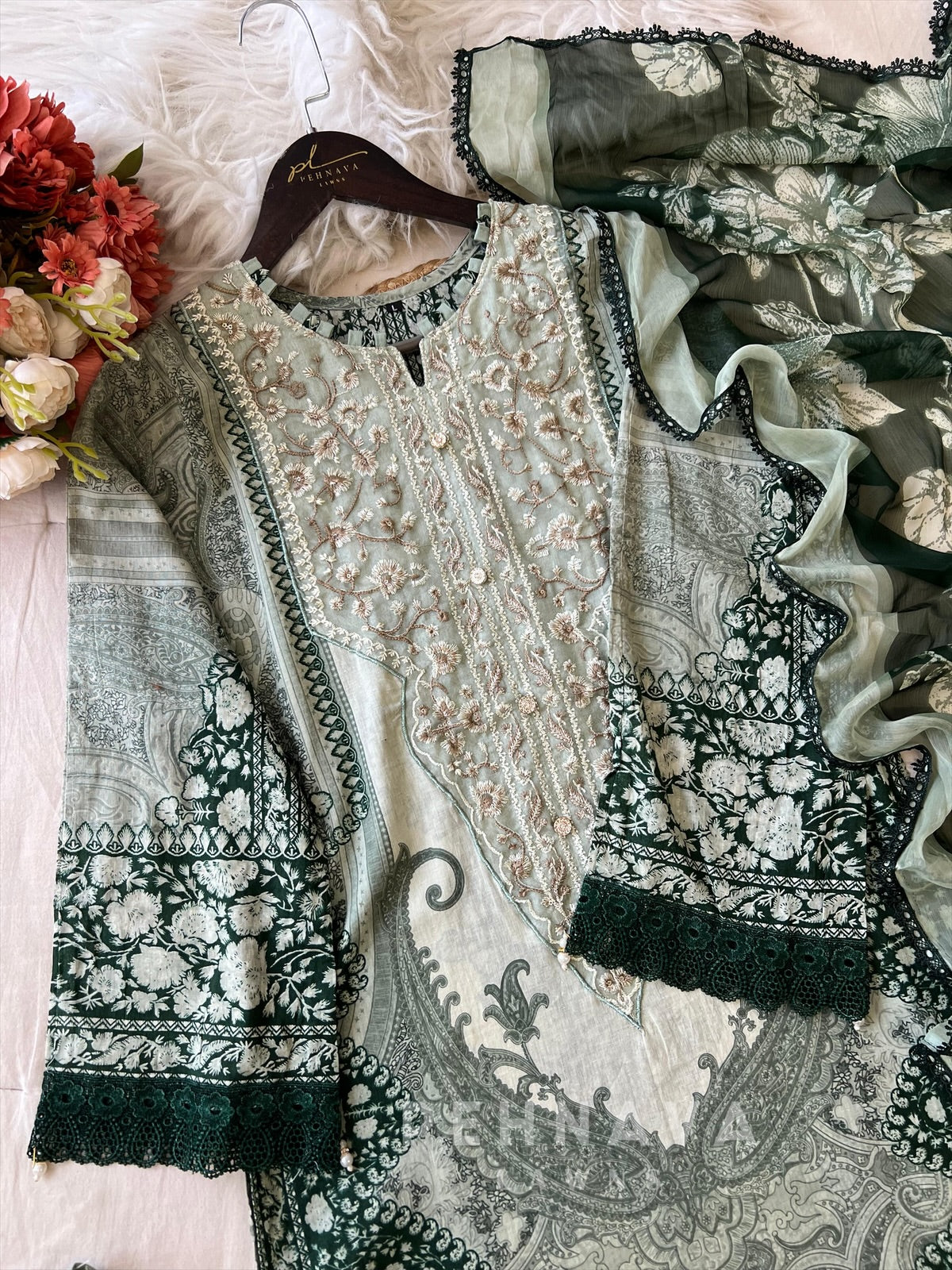 Green  Neckline Embroidered Pak-Suit