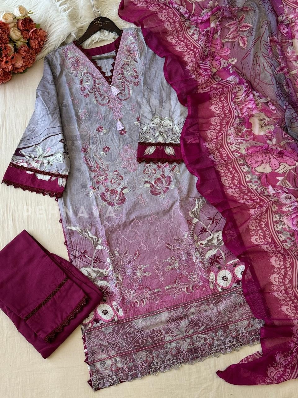 Floral Embroidered Cotton Suit Purple -4106