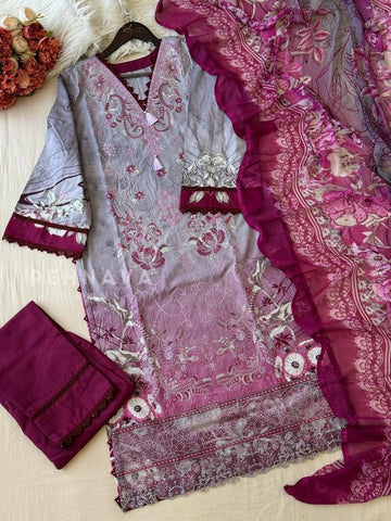 Floral Embroidered Cotton Suit Purple -4106