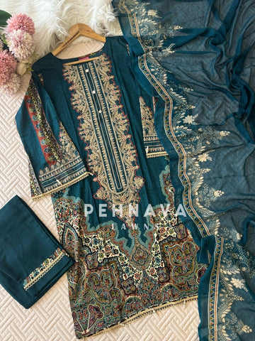 Printed casual suit with chiffon dupatta