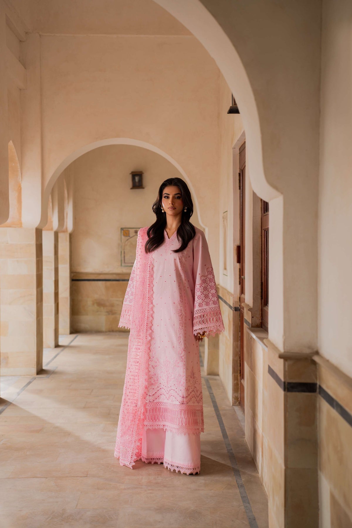 Azzal luxurious stitched embroidered suit - CORAL - Pehnava Lawns