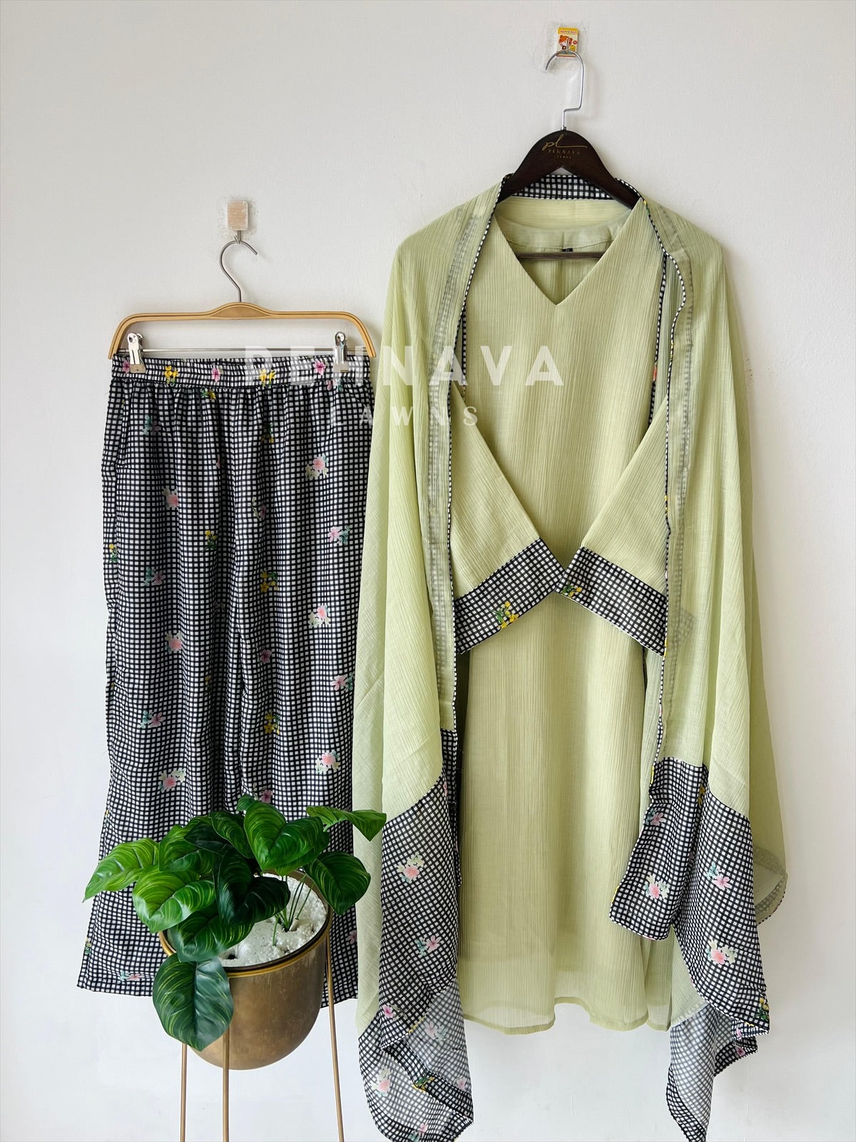 Floral Print Check Ensemble-4346 - Pehnava Lawns