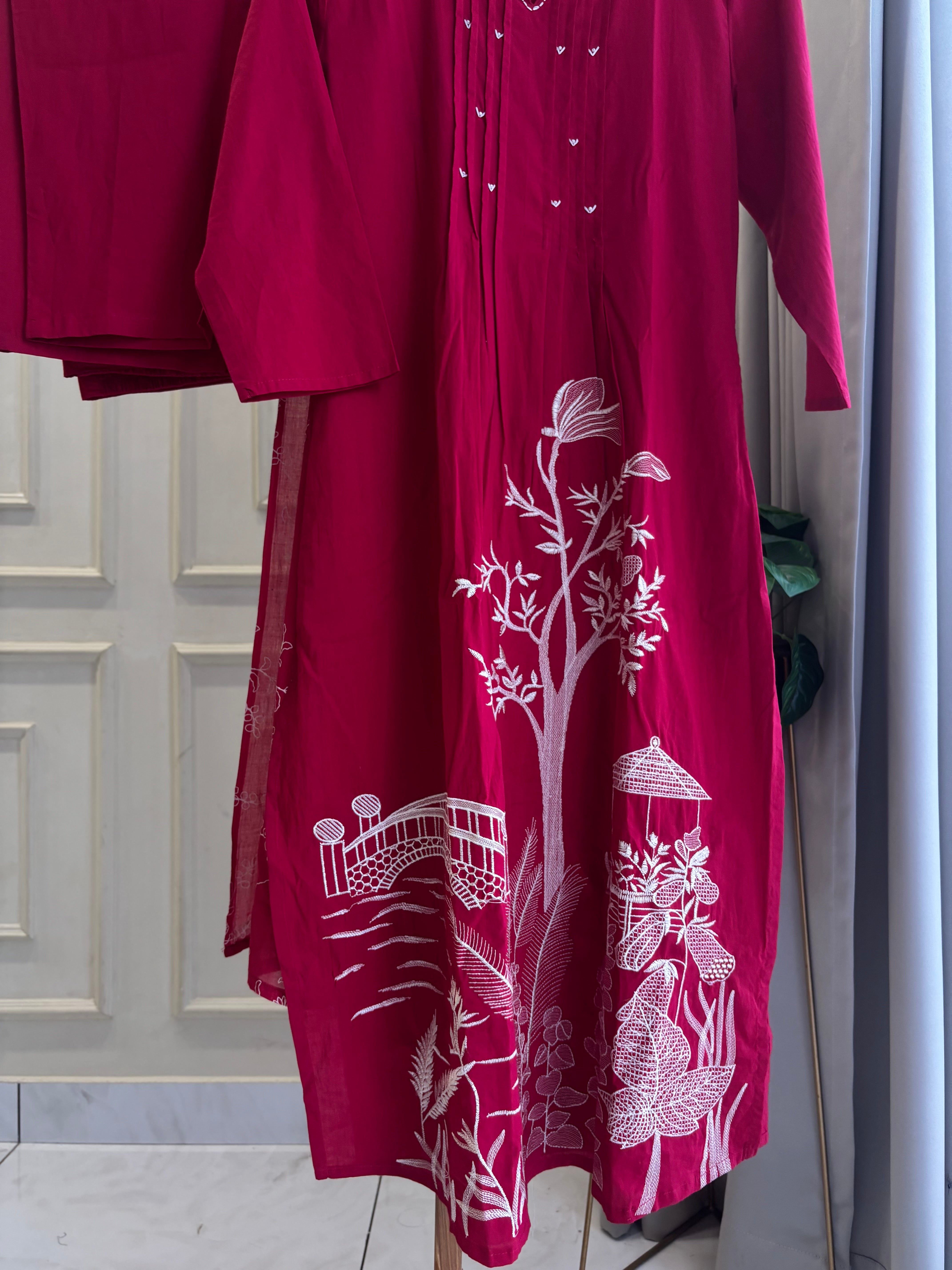 Cotton Pin-tucks slitted suit-0393