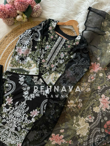 Pakistani printed cotton suit with embroidered patches -9082