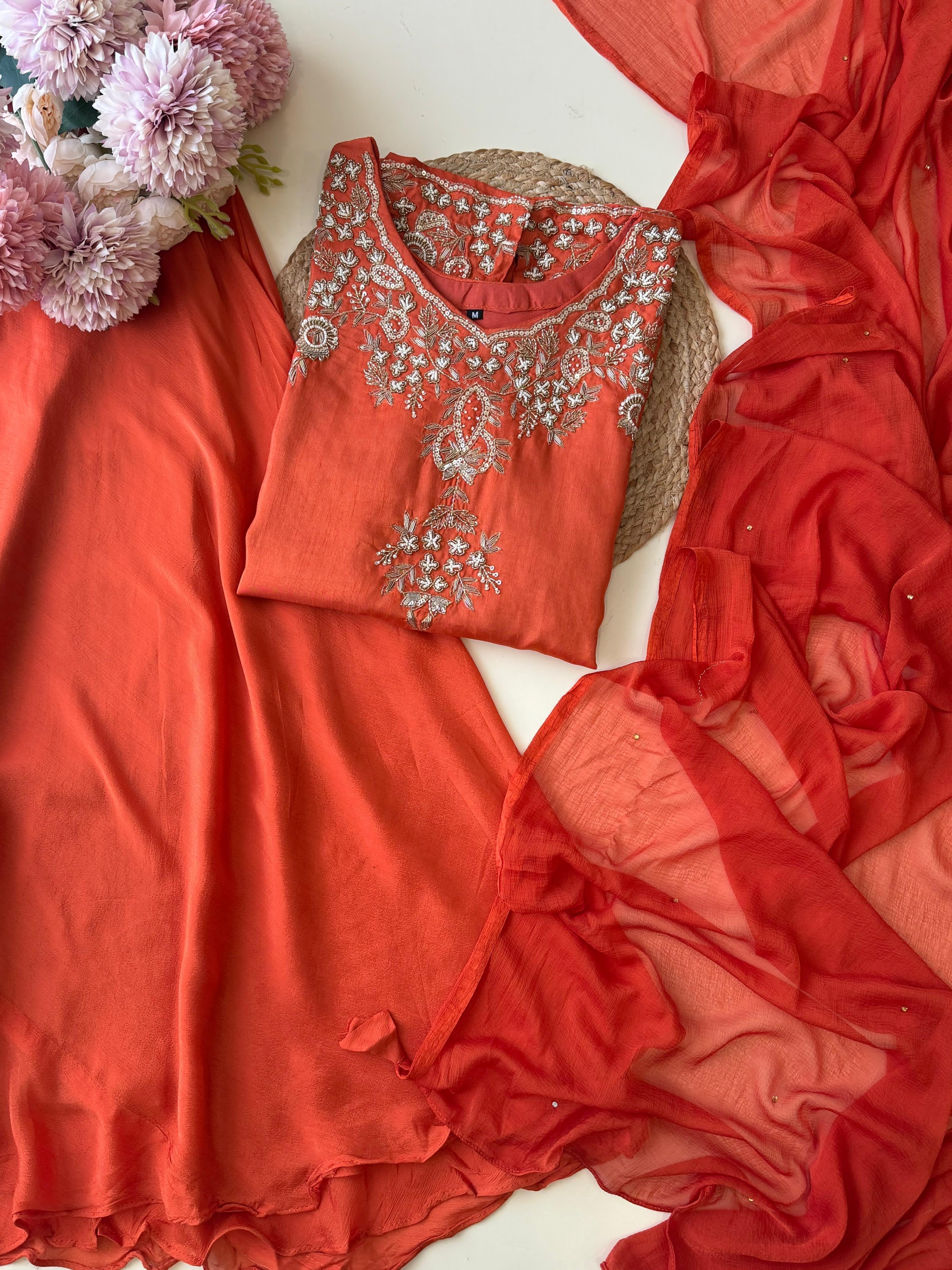 Dola silk short handworked shirt with wide palazzos-3939